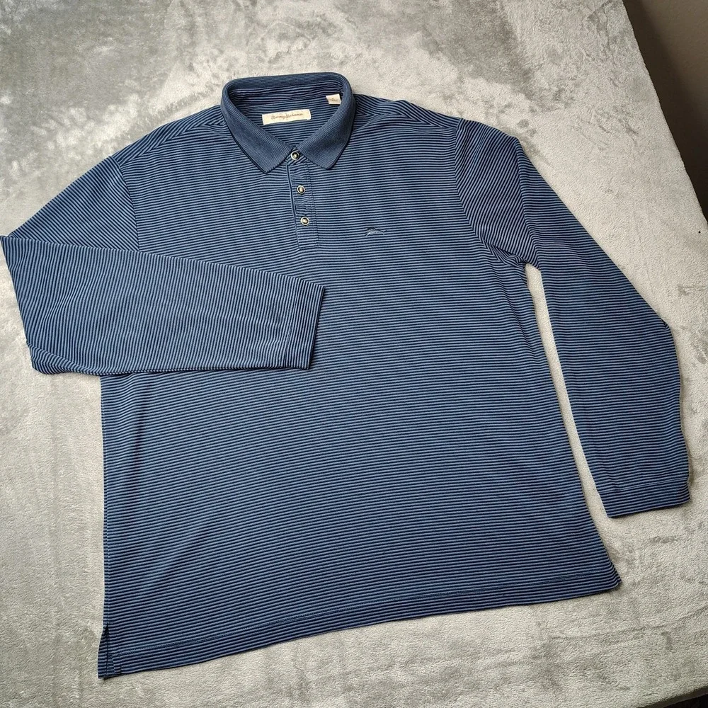 Tommy Bahama Polo Shirt Mens XL Blue‎ Ribbed Long Sleeve Marlin Logo Knit